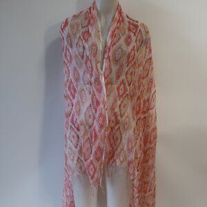 NWT Womens Tina Demel Handmade Oversized Pink, White, Orange Fringed Silk Scarf